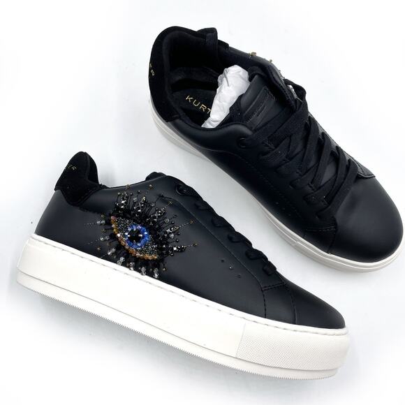 Kurt Geiger Laney Eye Sneaker Platform Black Leather Rhinestone Lace Up Sz 8